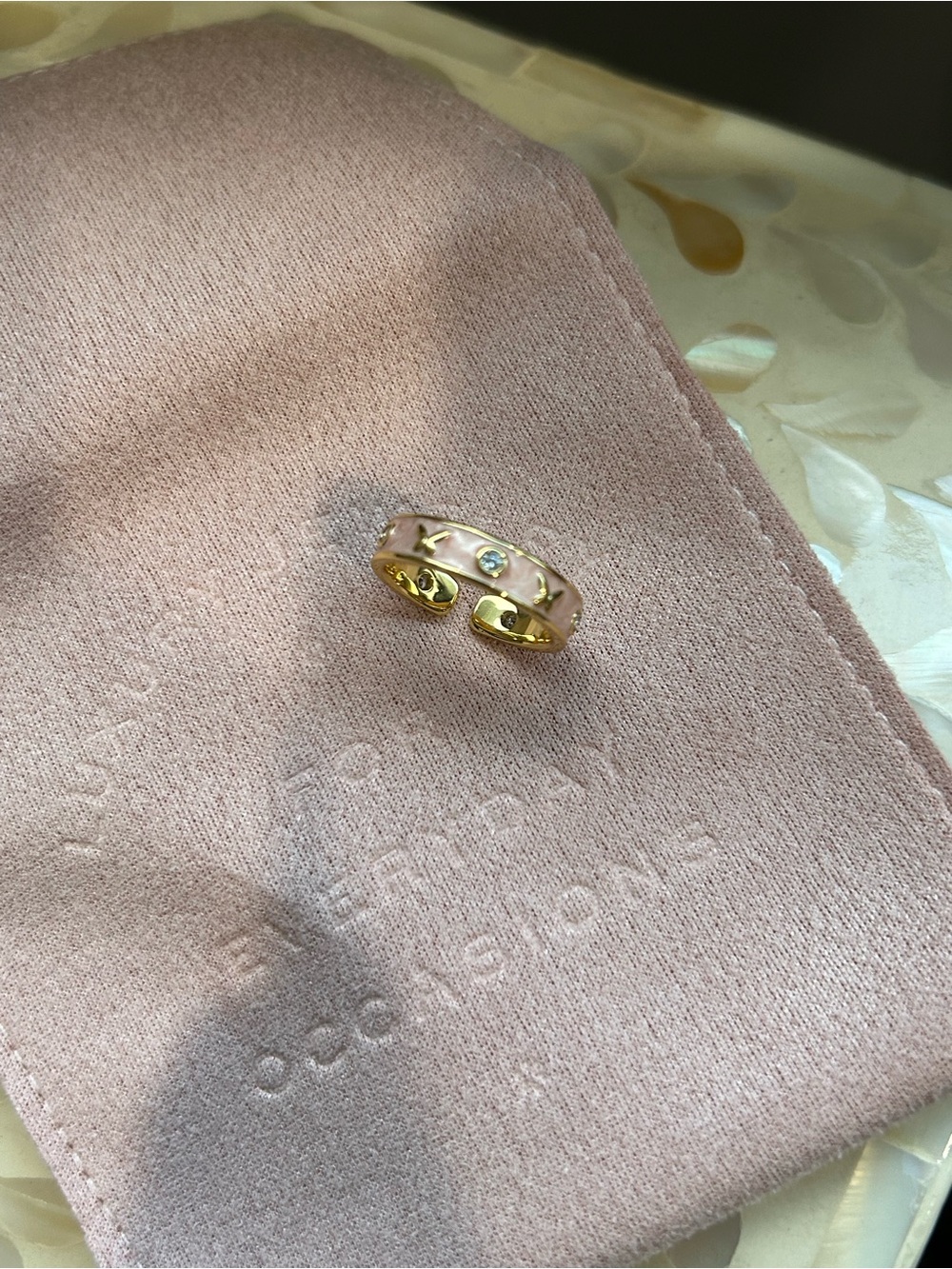Ann Taylor Gold Open Band Ring with Pink Enamel and Clear Crystal